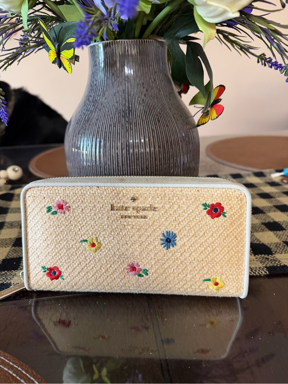 Kate Spade Staci Garden Bouquet Straw Large Continental Wallet KB533 EUC